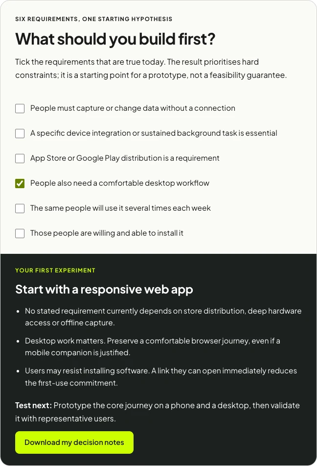 The app delivery decision tool with desktop work selected, recommending a responsive web app and a prototype of the core journey