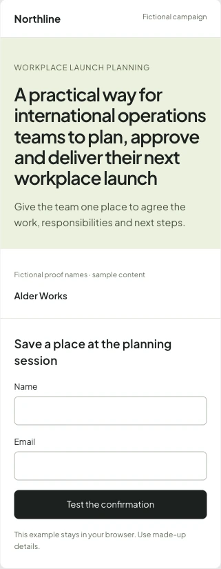 The original campaign-page example in its narrow preview, with a long headline wrapping above one fictional proof name and an event registration form