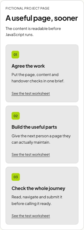The original motion comparison at a narrow browser viewport with motion turned off, showing all three cards and their worksheet links in a vertical stack