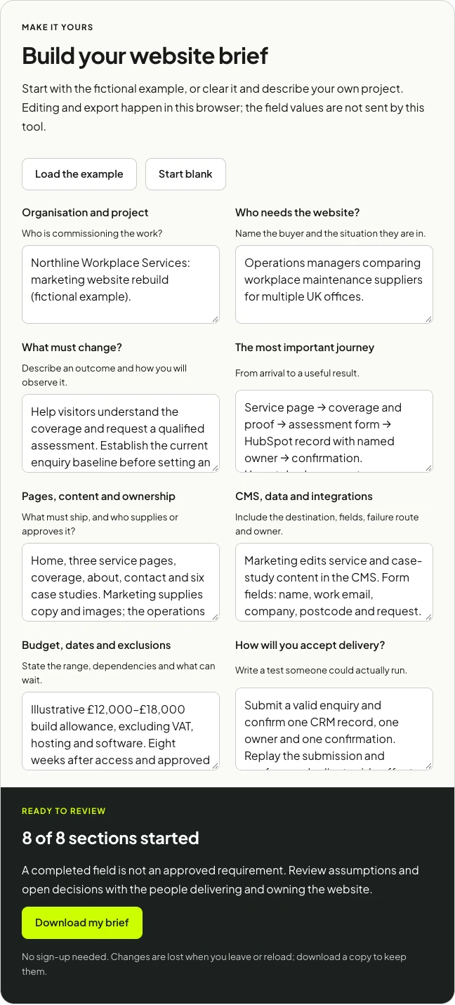 The website brief builder populated with the fictional Northline audience, outcome, content and integration requirements