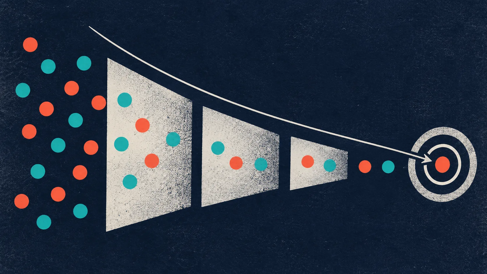 Illustrated conversion events moving through a funnel toward a target