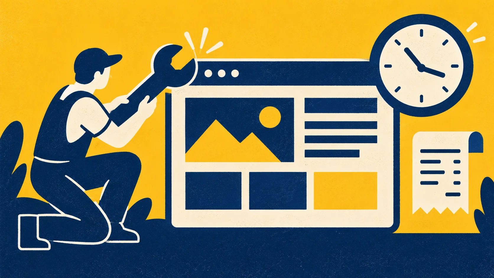 An illustrated website being repaired beside a clock and receipt