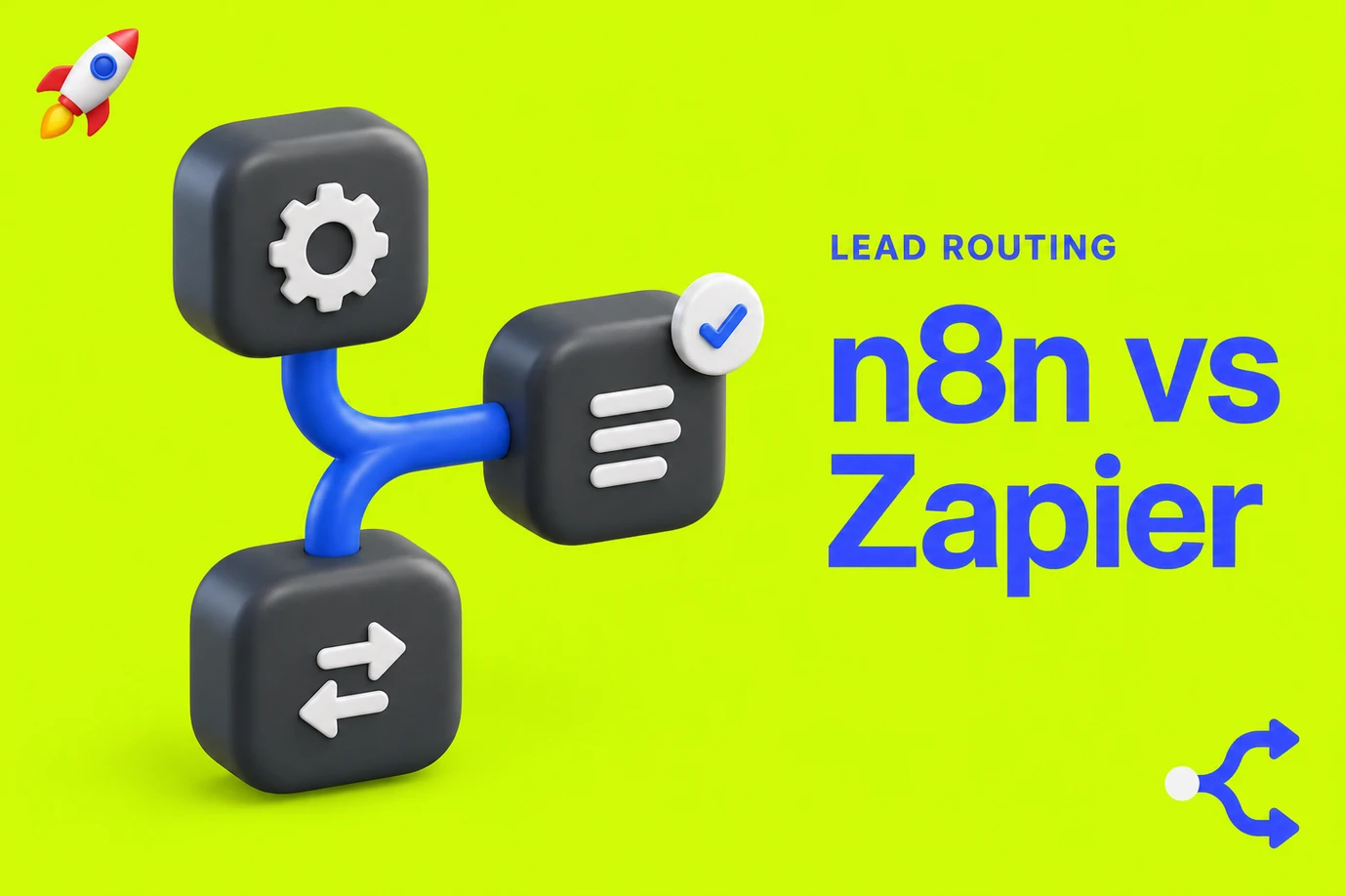 Charcoal workflow modules joined by a blue branching connector on lime green, labelled n8n vs Zapier, with rocket and routing icons