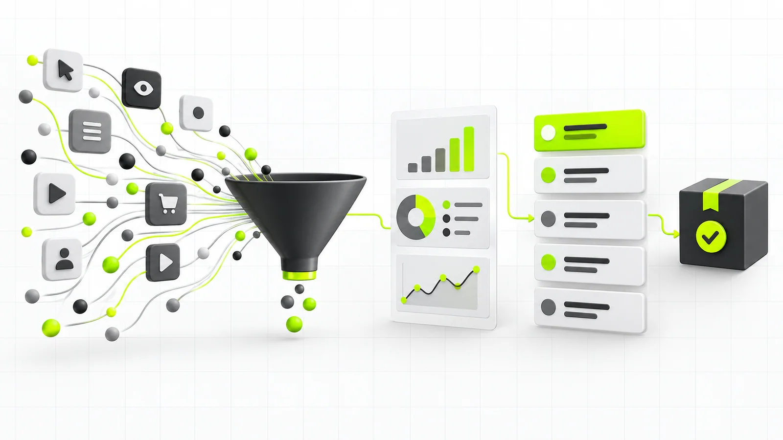 Website journey data flowing into analytics and a prioritised backlog board