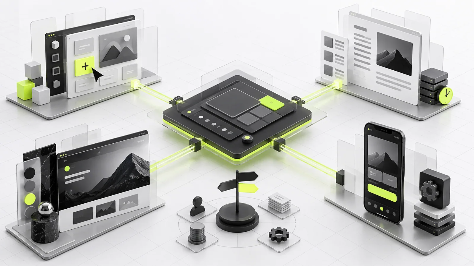A central product brief branching into a visual website, content system, marketing page and mobile app