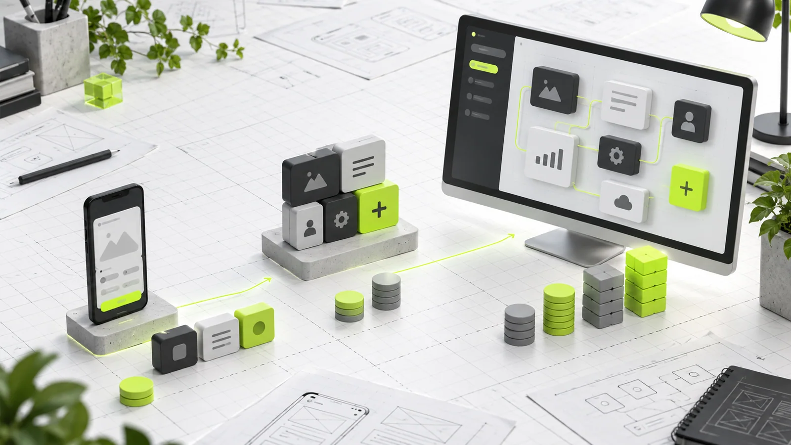 A phone and desktop product interface surrounded by modular app features and connected systems