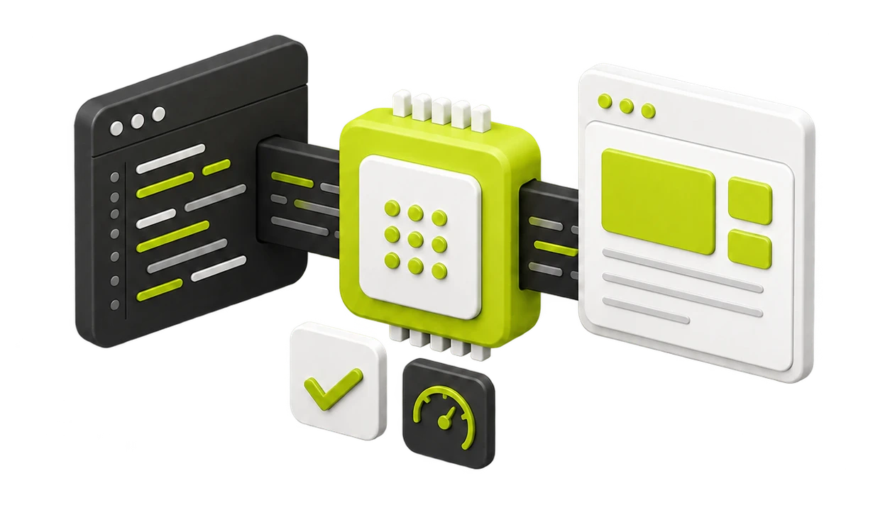 An AI-assisted workflow connecting code, a digital product and quality checks