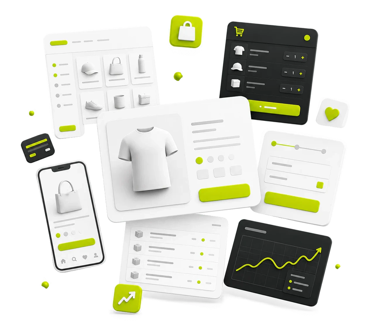 An ecommerce storefront, product page, cart, checkout and growth dashboard