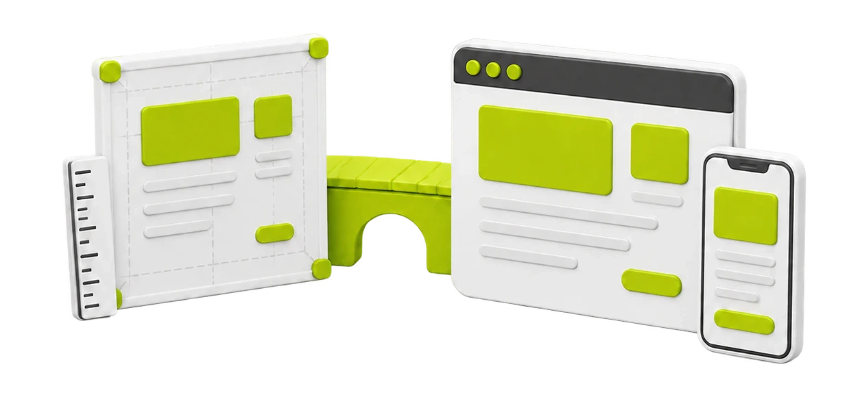 A measured design frame translated into responsive desktop and mobile website layouts