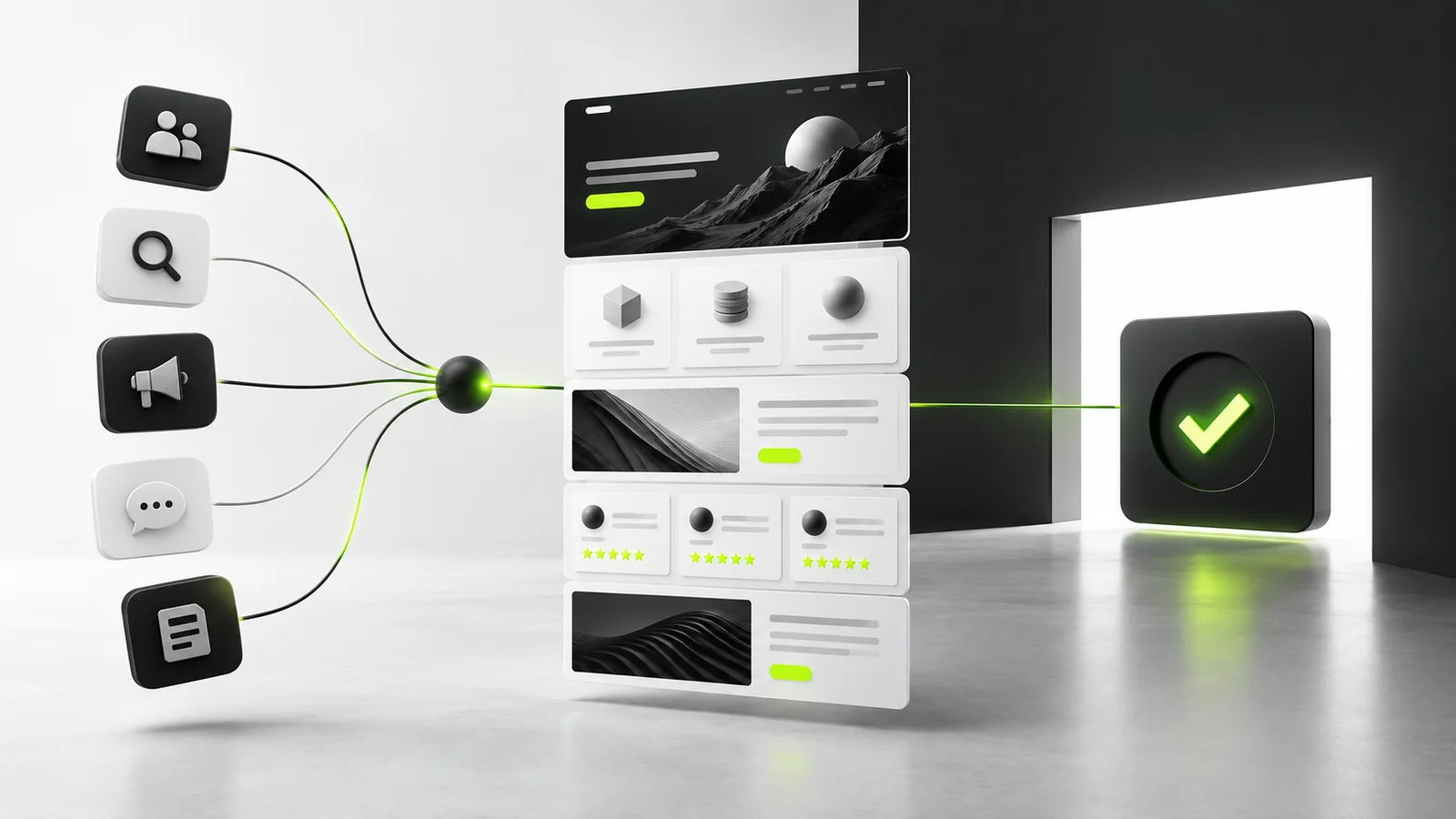 Audience signals flowing through one structured landing page to a single conversion action