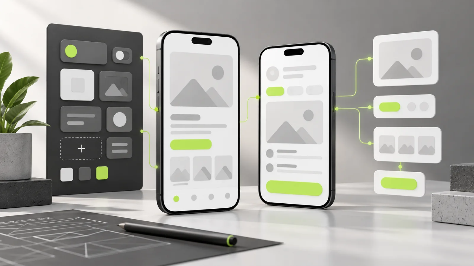 Two unbranded mobile product screens connected to a shared component and content system