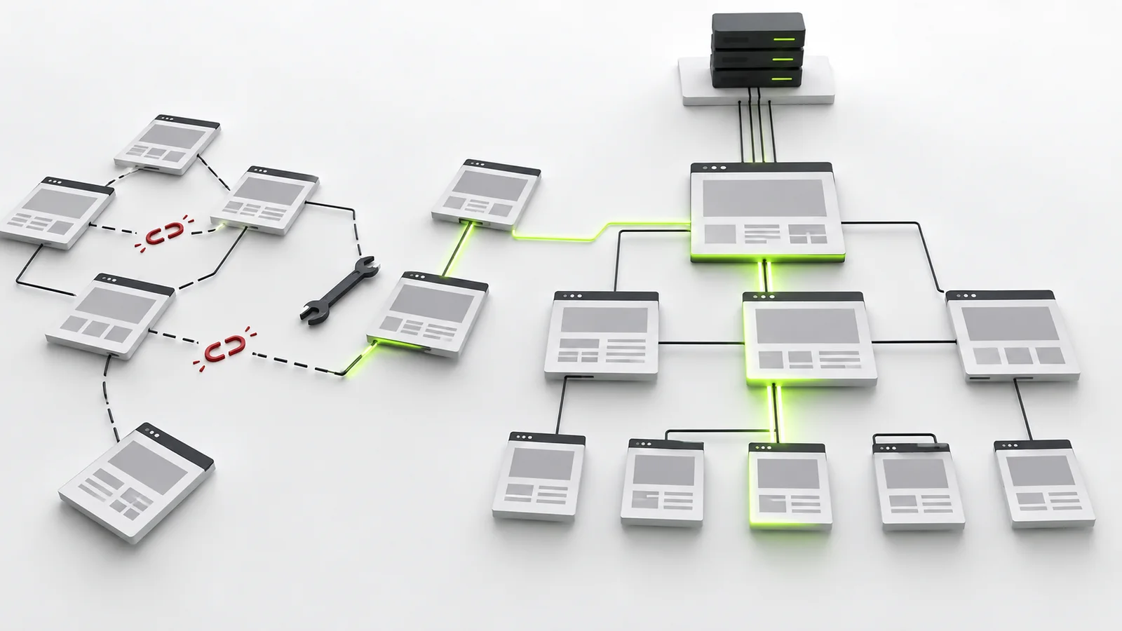 Website page architecture with broken links repaired and a clear highlighted crawl path