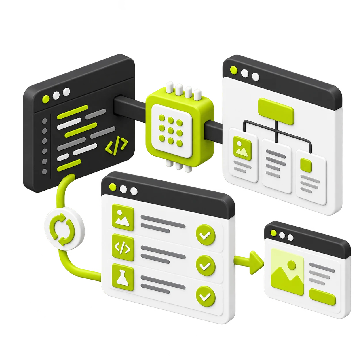 Planning and AI-supported implementation followed by design, code and testing reviews, with an iteration loop before release