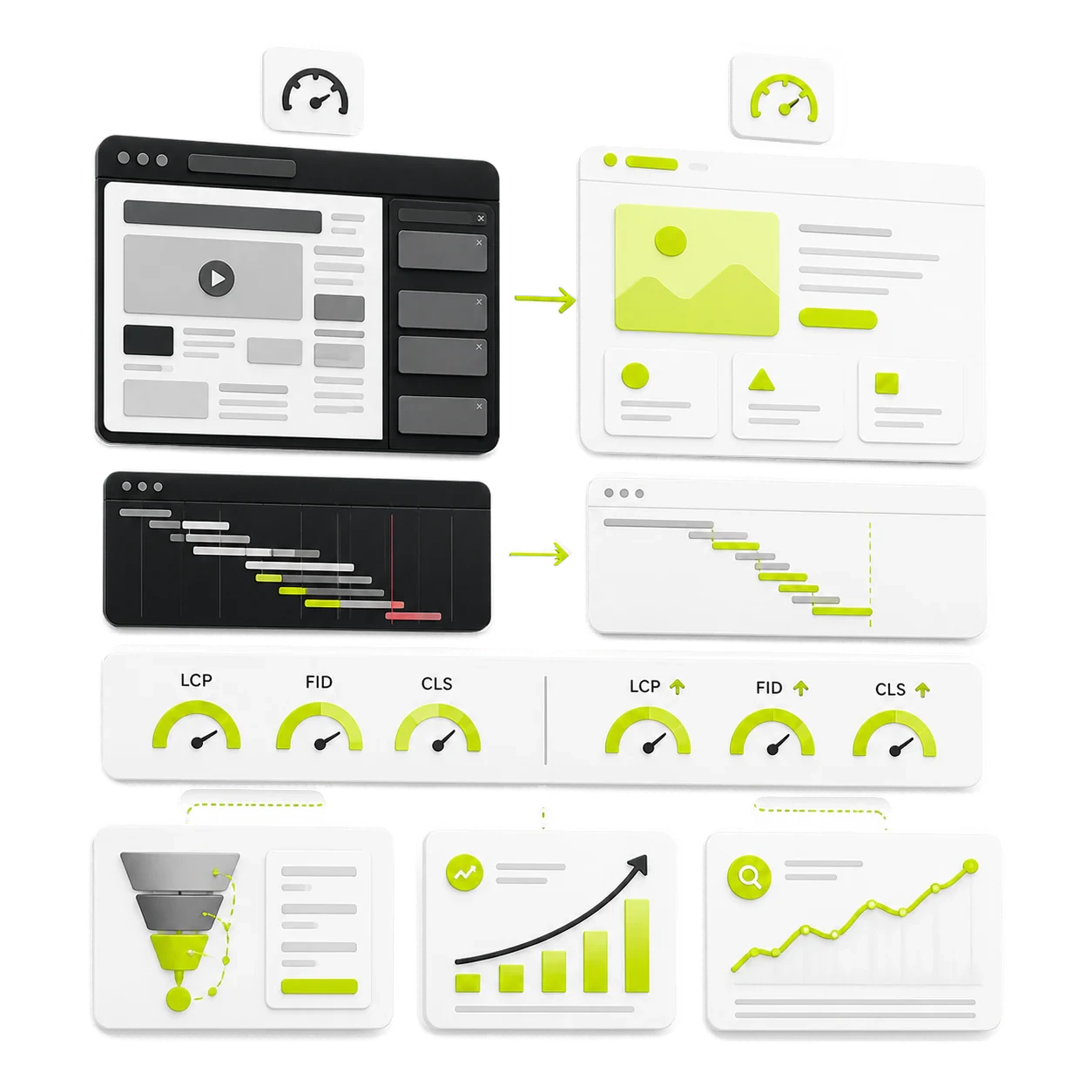 Before-and-after website performance with faster loading, better Core Web Vitals and conversion growth