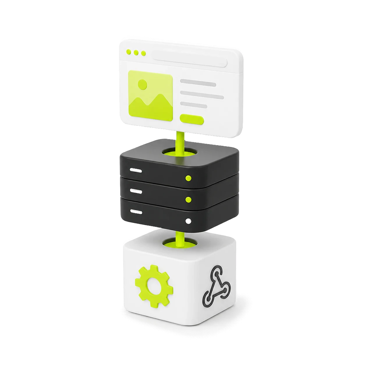 A focused three-layer stack combining a web interface, structured data and automation