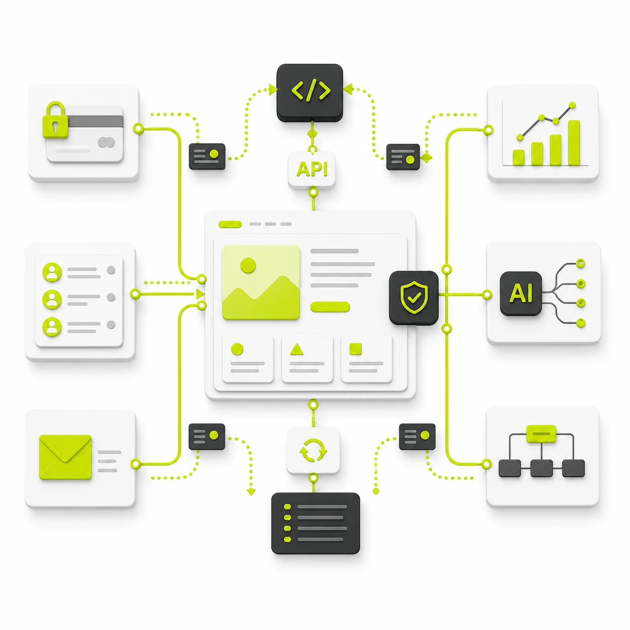 A website connected to product, CRM, analytics and automation systems