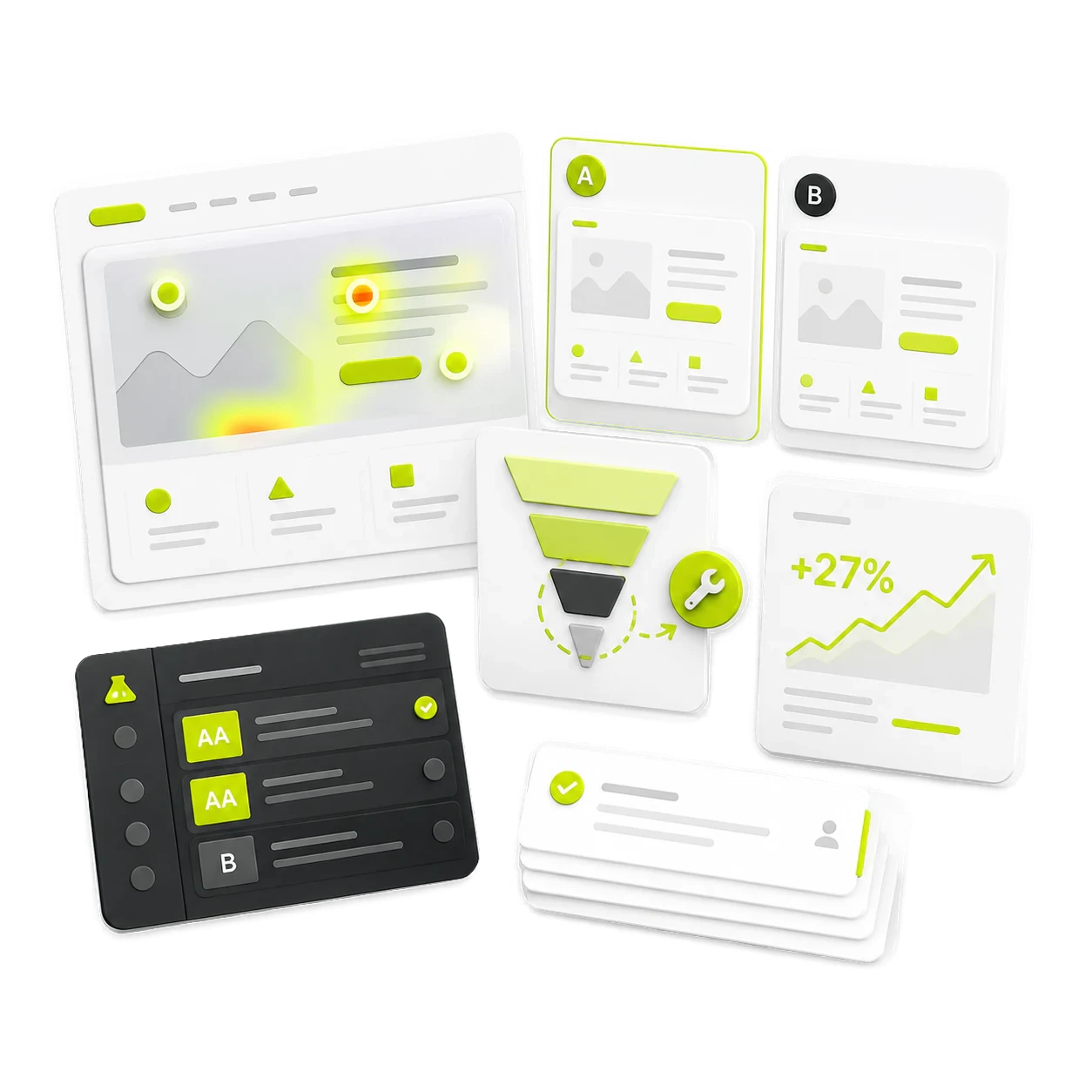 A conversion funnel being improved through heatmaps, controlled tests and a decision log