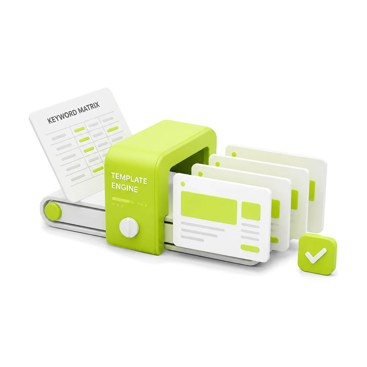 A keyword matrix passing through one template engine to create focused programmatic landing pages