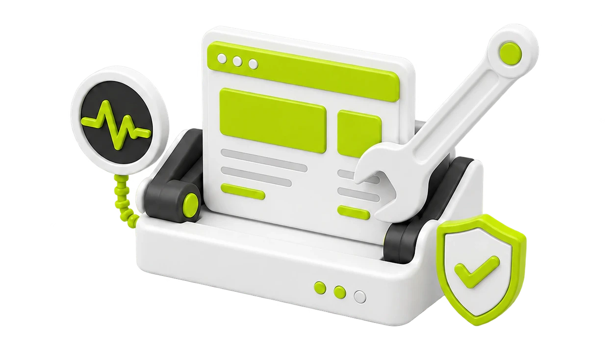 A website secured in a maintenance cradle with uptime monitoring and support tools