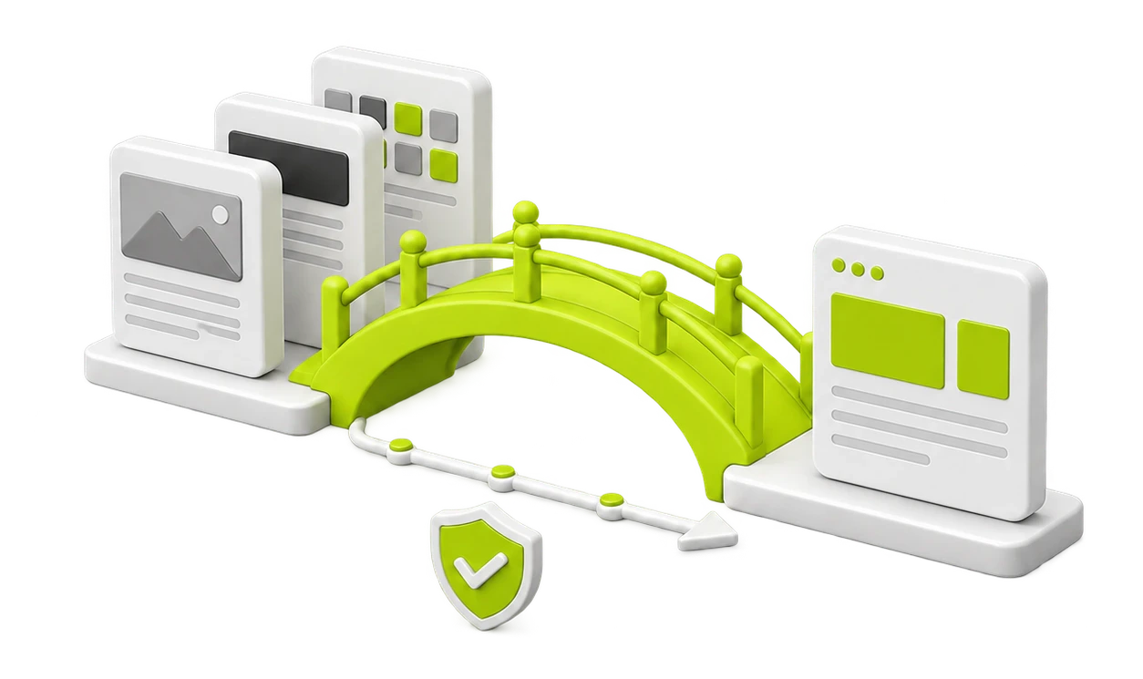 Existing website pages moving safely across a redirect bridge to a new website